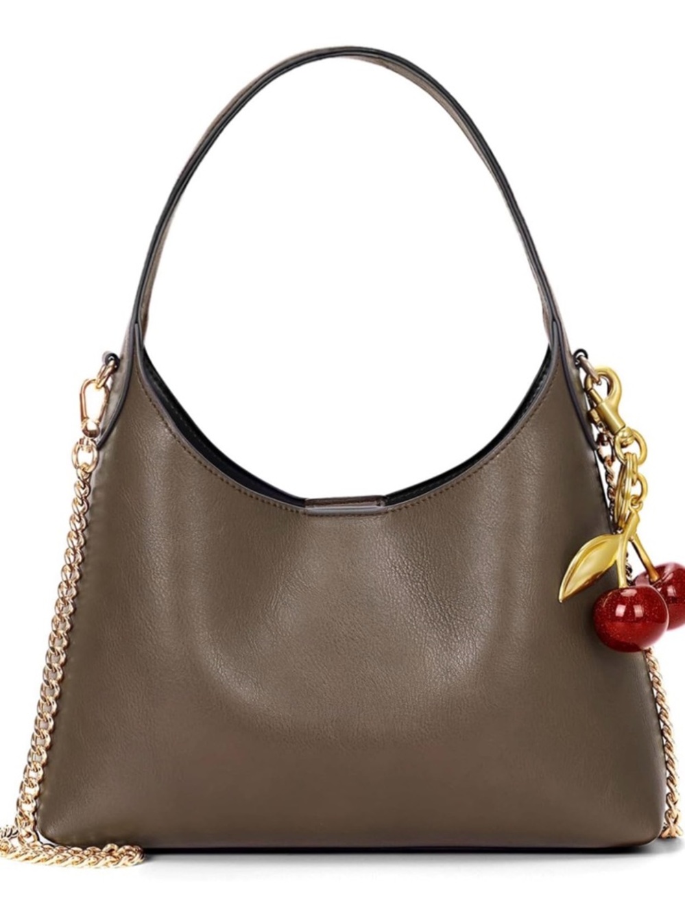 Dark Khaki Faux Leather Shoulder Bag with Gold Cherry Charm